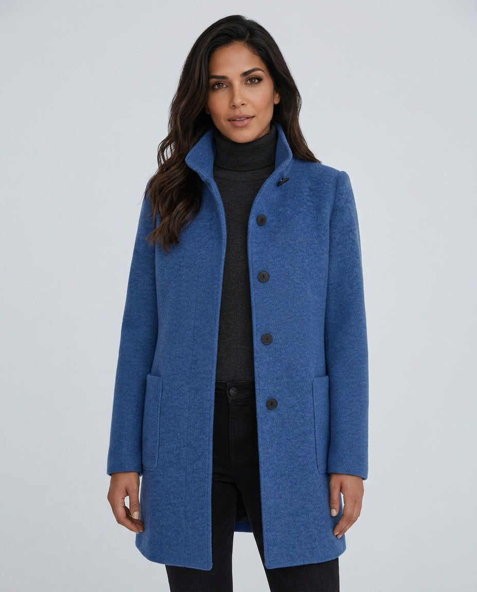 Hester Tailored Stand Collar Overcoat with Straight Body in Blue