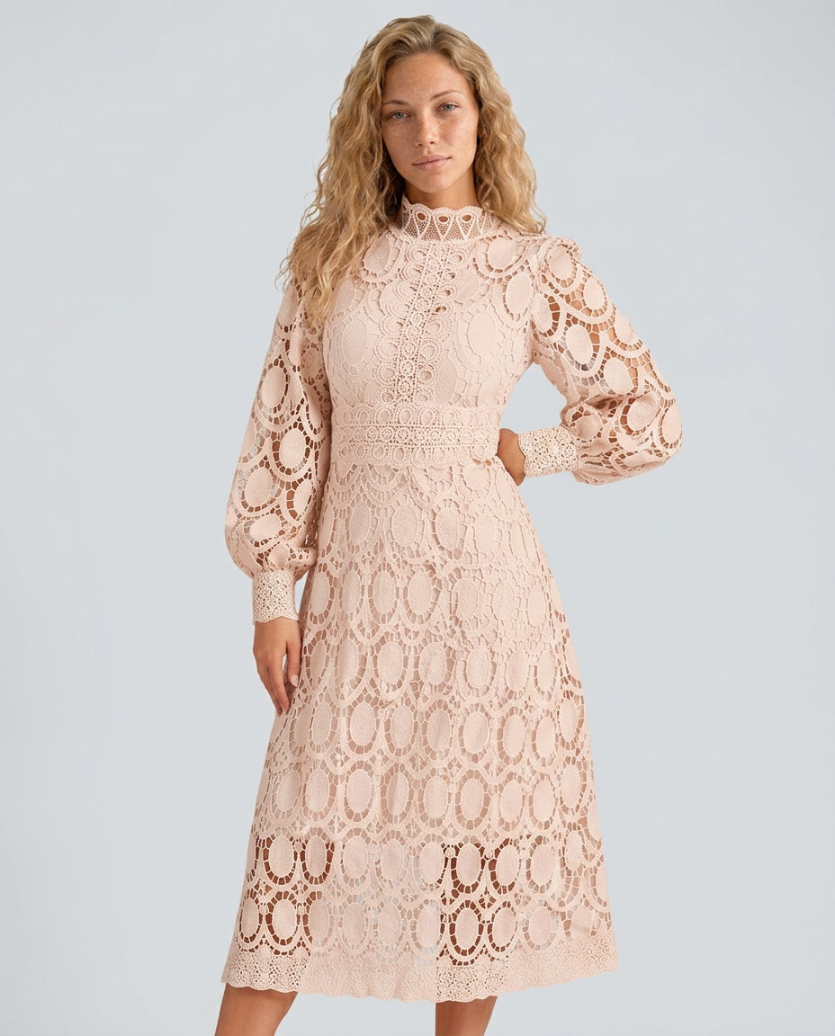 Imogen High Collar Sheer Sleeve All Over Lace Midi Dress in Beige