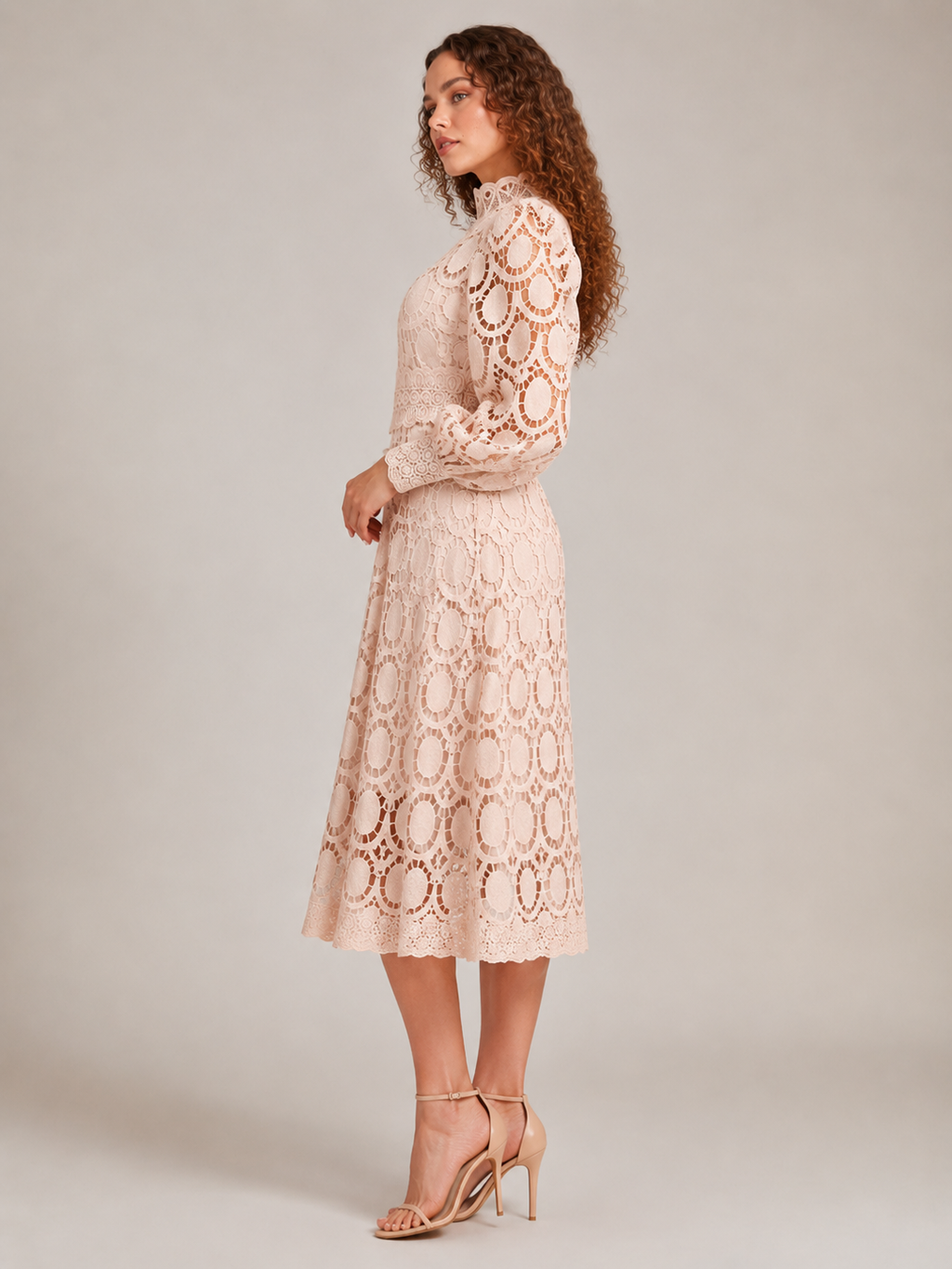Imogen High Collar Sheer Sleeve All Over Lace Midi Dress in Beige