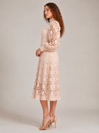 Imogen High Collar Sheer Sleeve All Over Lace Midi Dress in Beige