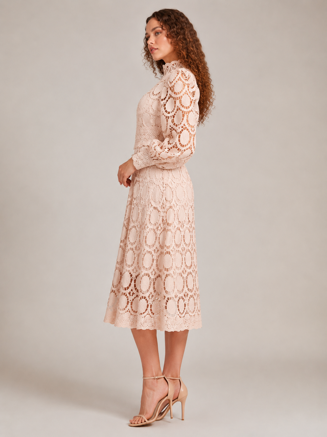 Imogen High Collar Sheer Sleeve All Over Lace Midi Dress in Beige