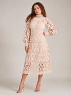Imogen High Collar Sheer Sleeve All Over Lace Midi Dress in Beige