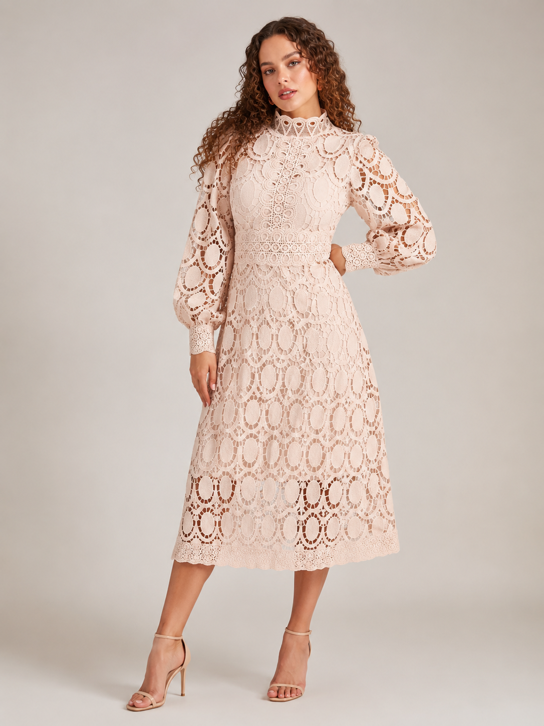 Imogen High Collar Sheer Sleeve All Over Lace Midi Dress in Beige