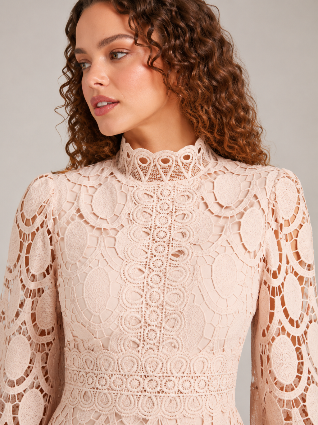 Imogen High Collar Sheer Sleeve All Over Lace Midi Dress in Beige