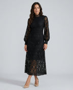 Imogen High Collar Sheer Sleeve All Over Lace Midi Dress in Black