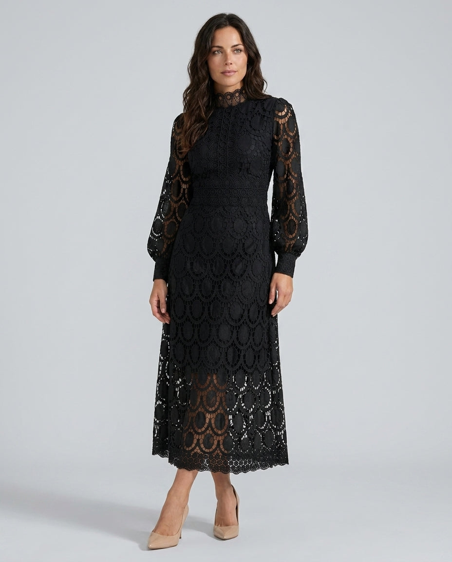 Imogen High Collar Sheer Sleeve All Over Lace Midi Dress in Black