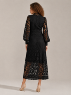 Imogen High Collar Sheer Sleeve All Over Lace Midi Dress in Black
