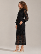 Imogen High Collar Sheer Sleeve All Over Lace Midi Dress in Black