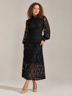 Imogen High Collar Sheer Sleeve All Over Lace Midi Dress in Black