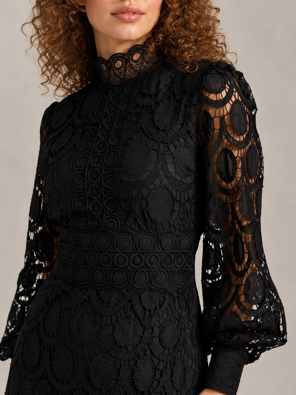 Imogen High Collar Sheer Sleeve All Over Lace Midi Dress in Black