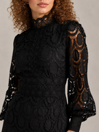 Imogen High Collar Sheer Sleeve All Over Lace Midi Dress in Black