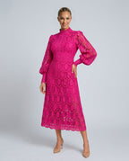 Imogen High Collar Sheer Sleeve All Over Lace Midi Dress in Pink