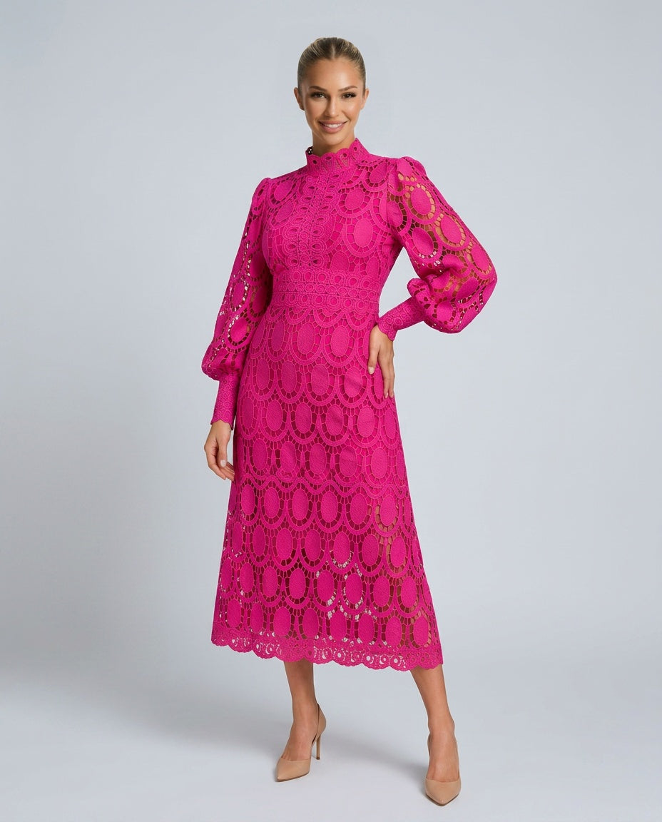 Imogen High Collar Sheer Sleeve All Over Lace Midi Dress in Pink