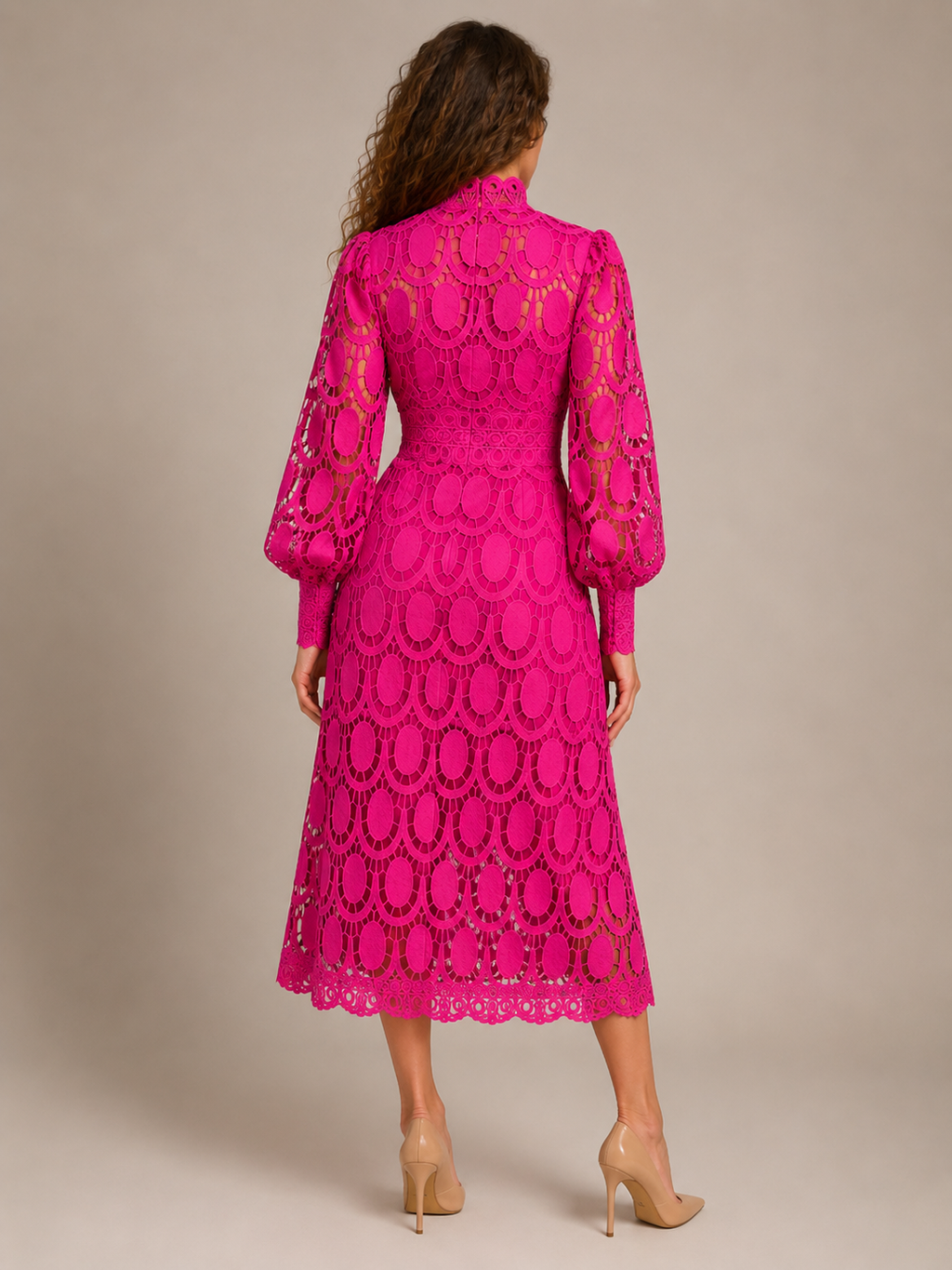 Imogen High Collar Sheer Sleeve All Over Lace Midi Dress in Pink