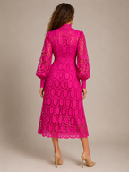 Imogen High Collar Sheer Sleeve All Over Lace Midi Dress in Pink