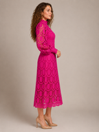Imogen High Collar Sheer Sleeve All Over Lace Midi Dress in Pink