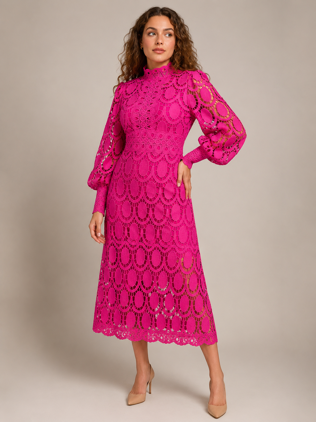 Imogen High Collar Sheer Sleeve All Over Lace Midi Dress in Pink