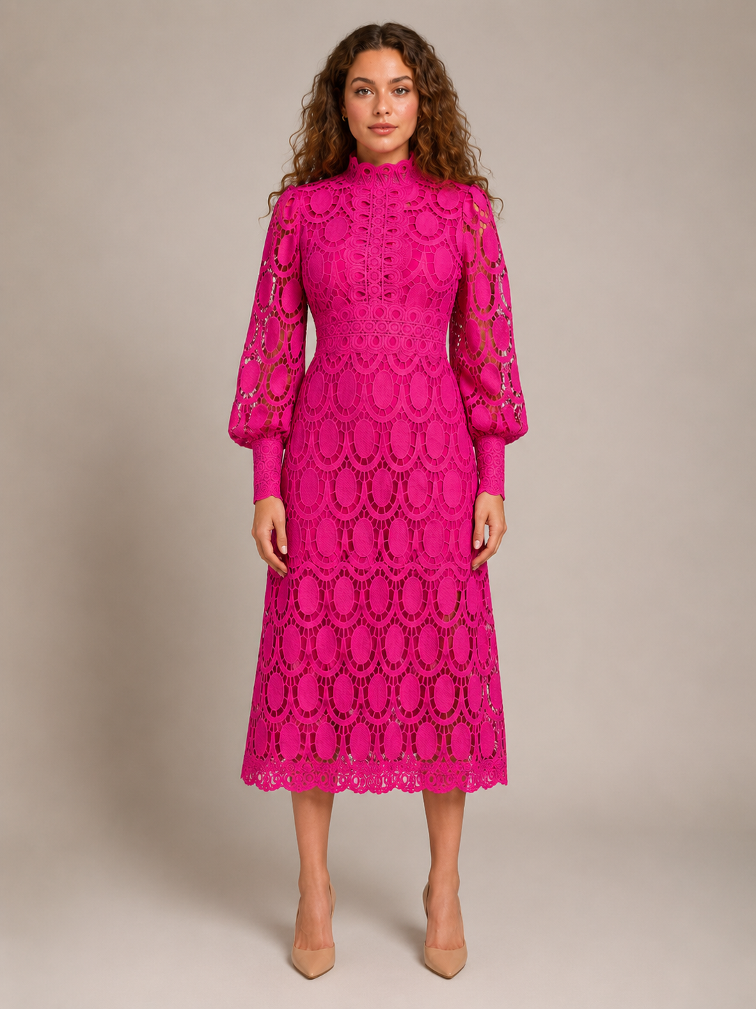 Imogen High Collar Sheer Sleeve All Over Lace Midi Dress in Pink