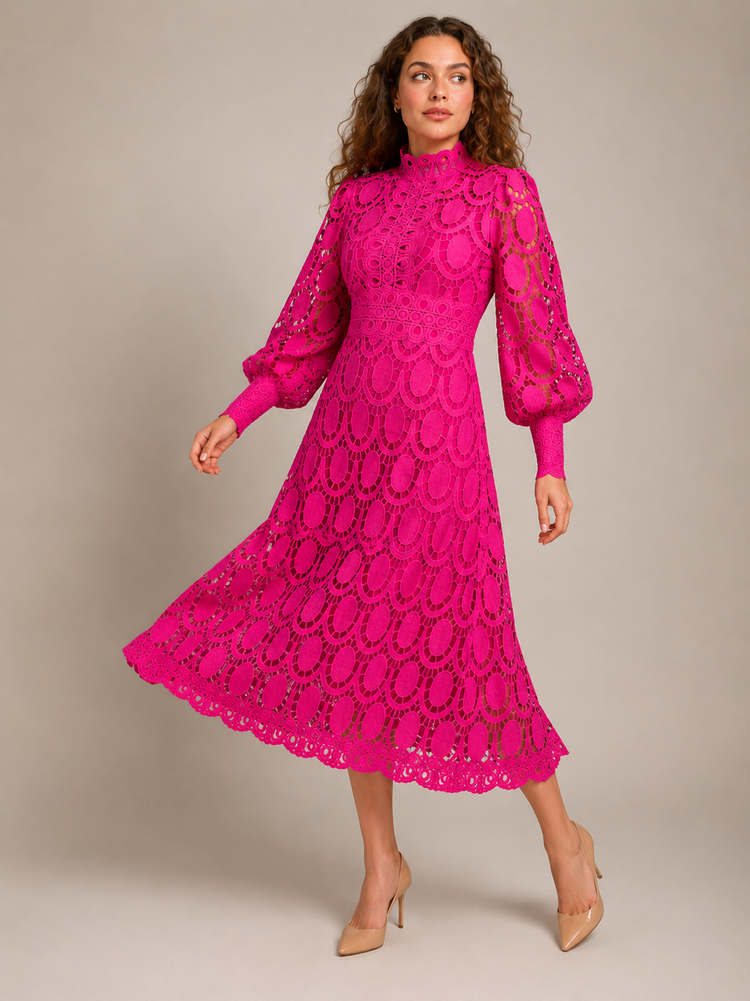 Imogen High Collar Sheer Sleeve All Over Lace Midi Dress in Pink