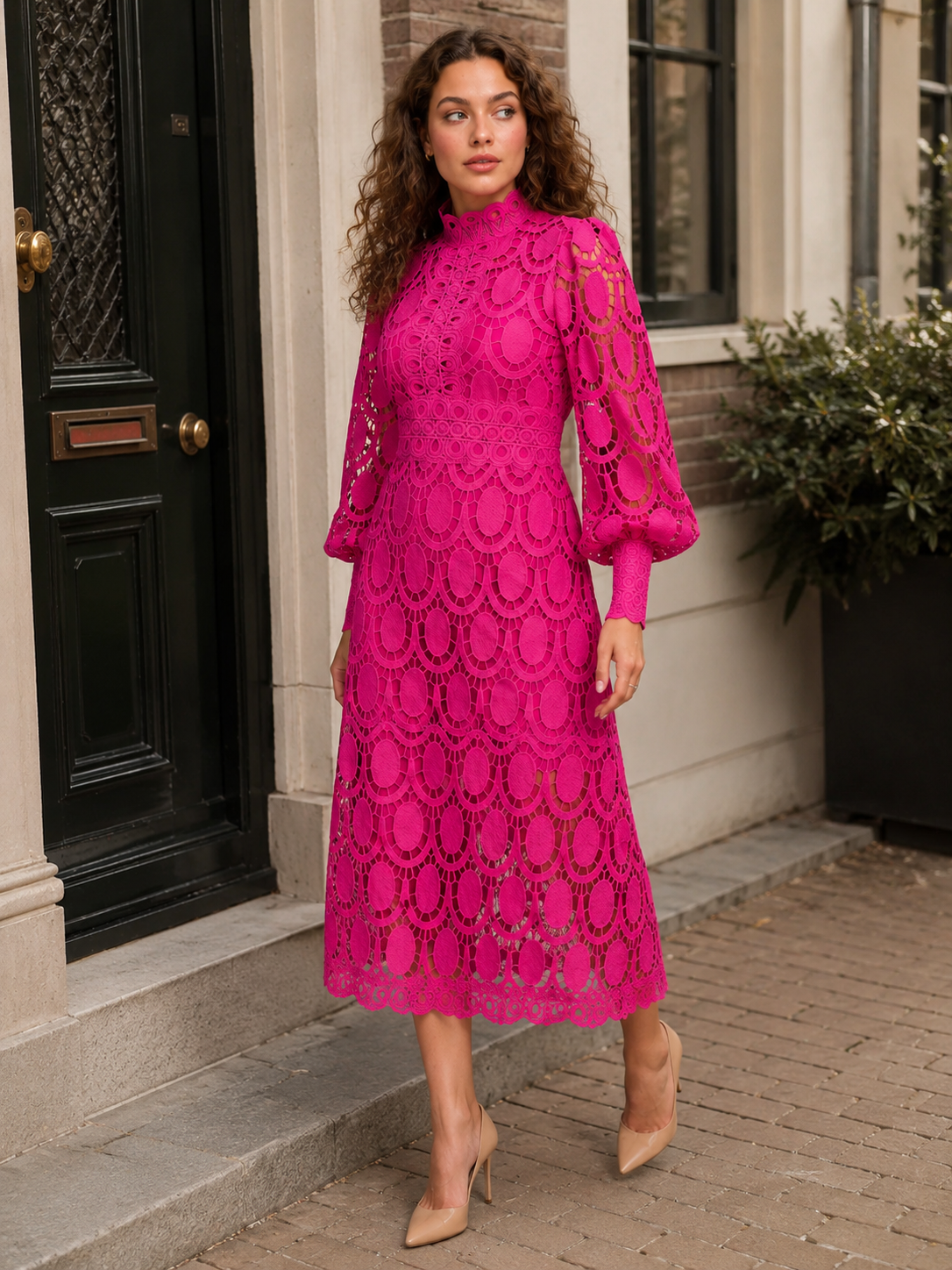 Imogen High Collar Sheer Sleeve All Over Lace Midi Dress in Pink