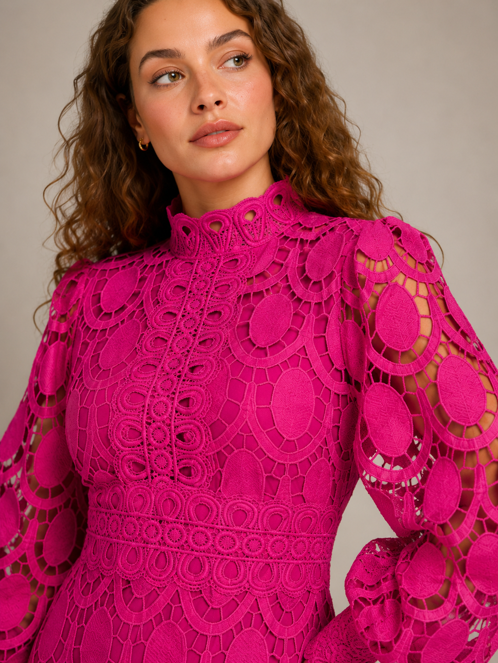 Imogen High Collar Sheer Sleeve All Over Lace Midi Dress in Pink