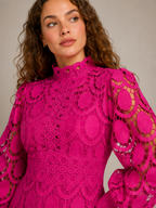Imogen High Collar Sheer Sleeve All Over Lace Midi Dress in Pink