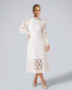 Imogen High Collar Sheer Sleeve All Over Lace Midi Dress in White
