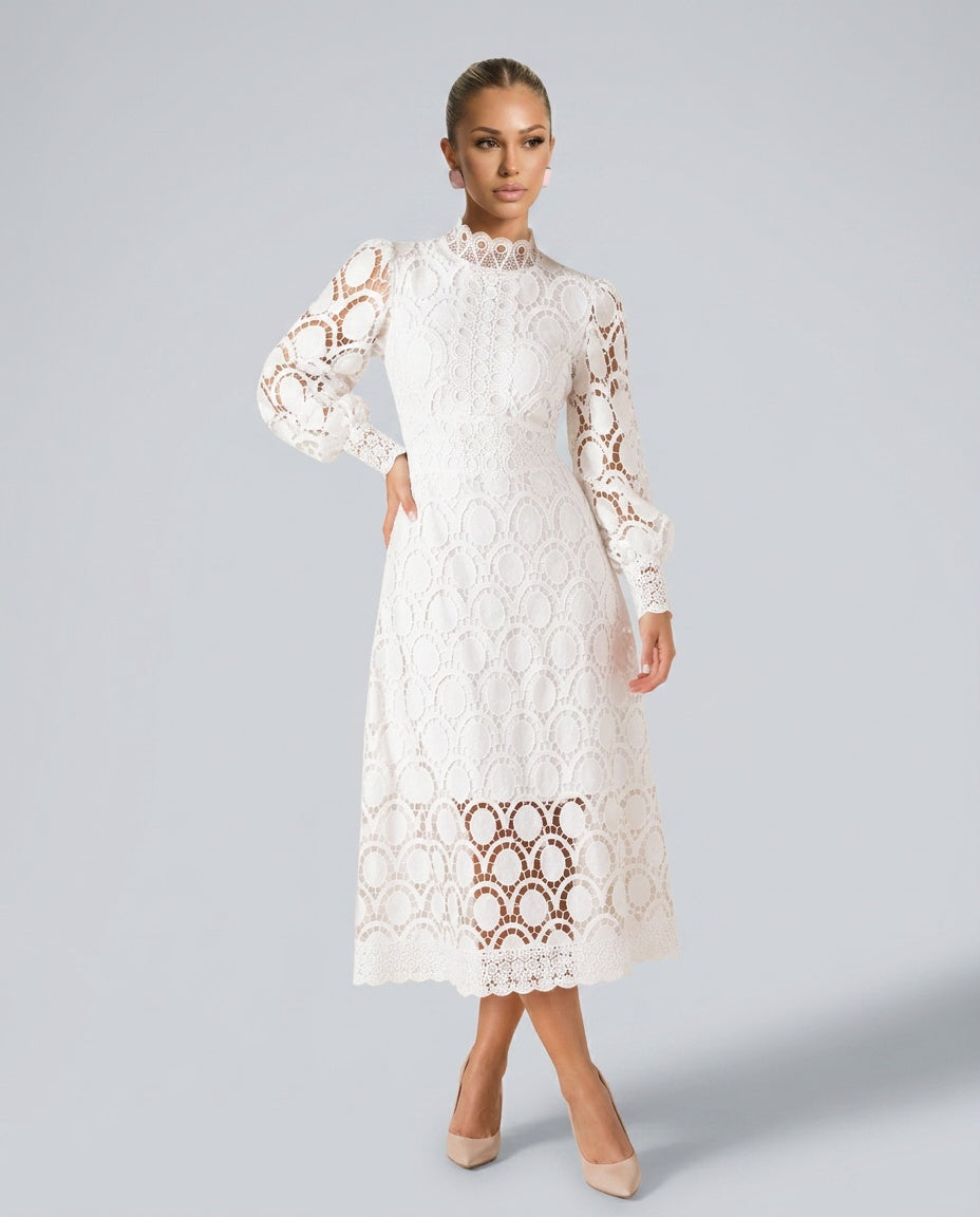 Imogen High Collar Sheer Sleeve All Over Lace Midi Dress in White