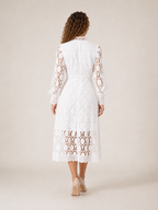 Imogen High Collar Sheer Sleeve All Over Lace Midi Dress in White