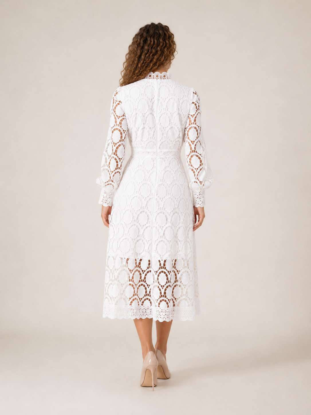 Imogen High Collar Sheer Sleeve All Over Lace Midi Dress in White