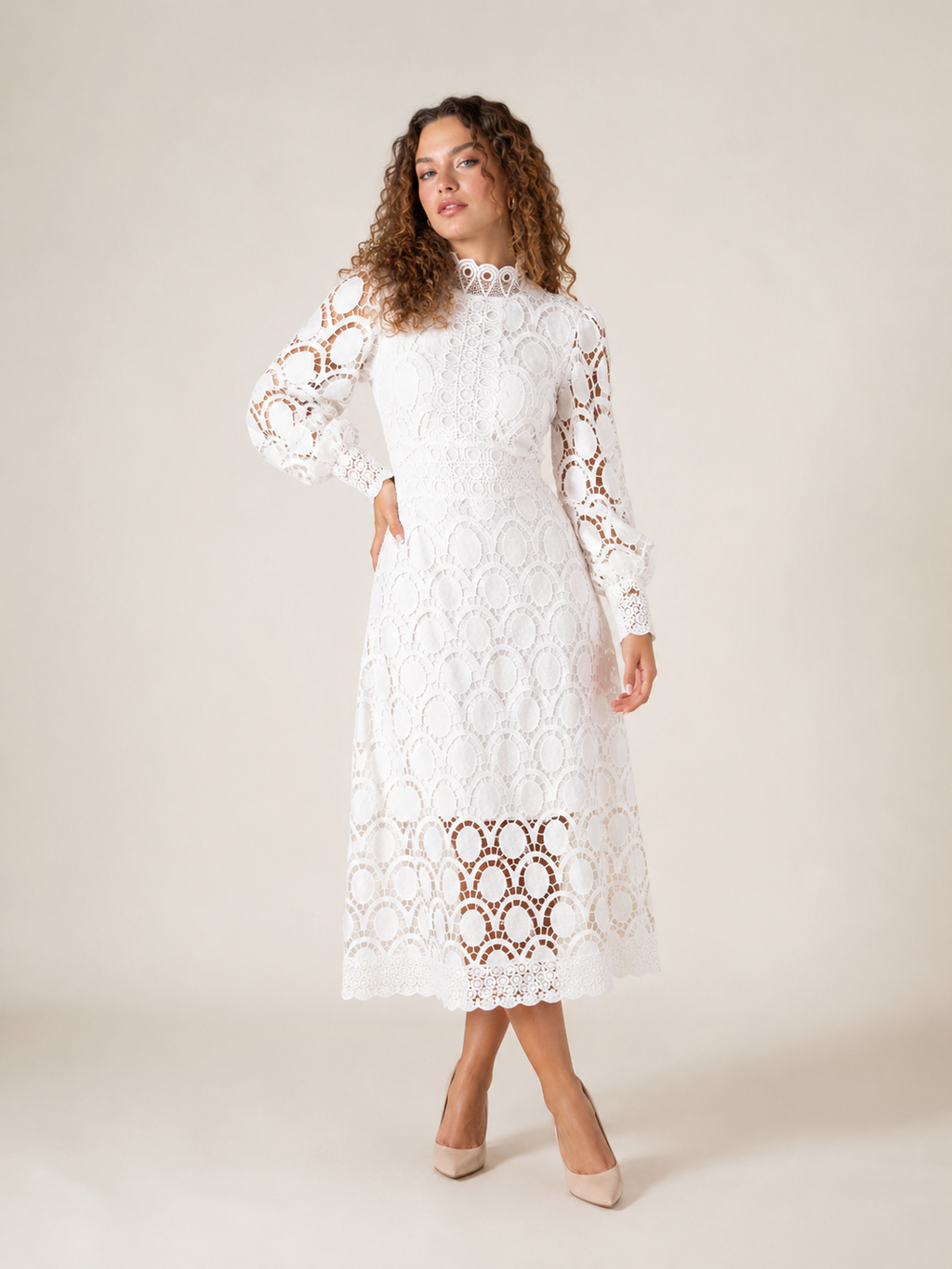 Imogen High Collar Sheer Sleeve All Over Lace Midi Dress in White