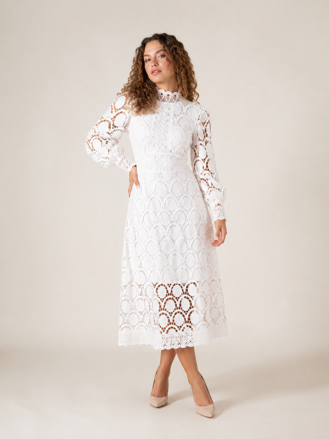 Imogen High Collar Sheer Sleeve All Over Lace Midi Dress in White