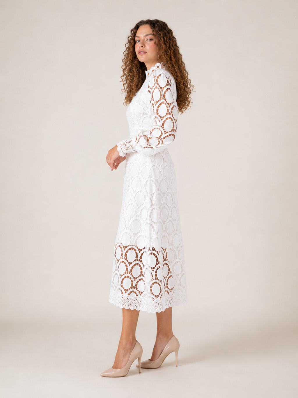 Imogen High Collar Sheer Sleeve All Over Lace Midi Dress in White