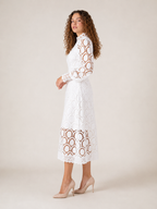 Imogen High Collar Sheer Sleeve All Over Lace Midi Dress in White