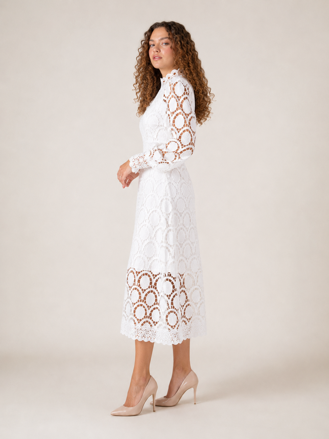 Imogen High Collar Sheer Sleeve All Over Lace Midi Dress in White