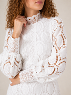 Imogen High Collar Sheer Sleeve All Over Lace Midi Dress in White