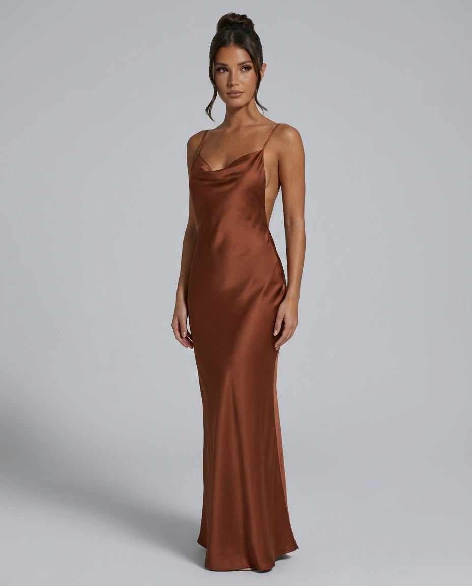 Ines Waterfall Neckline Satin Look Sleeveless Maxi Dress in Brown