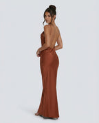 Ines Waterfall Neckline Satin Look Sleeveless Maxi Dress in Brown