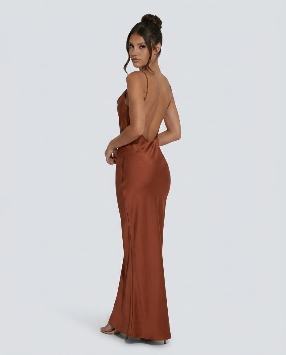 Ines Waterfall Neckline Satin Look Sleeveless Maxi Dress in Brown