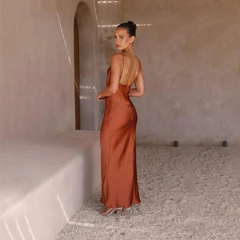 Ines Waterfall Neckline Satin Look Sleeveless Maxi Dress in Brown