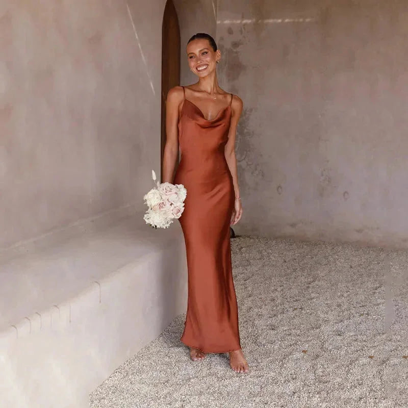 Ines Waterfall Neckline Satin Look Sleeveless Maxi Dress in Brown