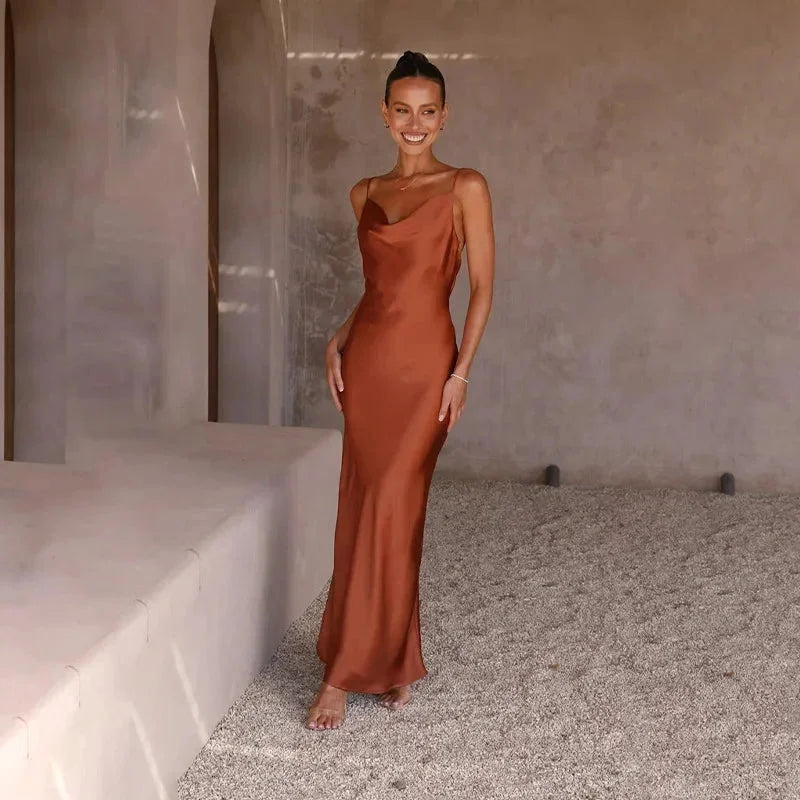 Ines Waterfall Neckline Satin Look Sleeveless Maxi Dress in Brown