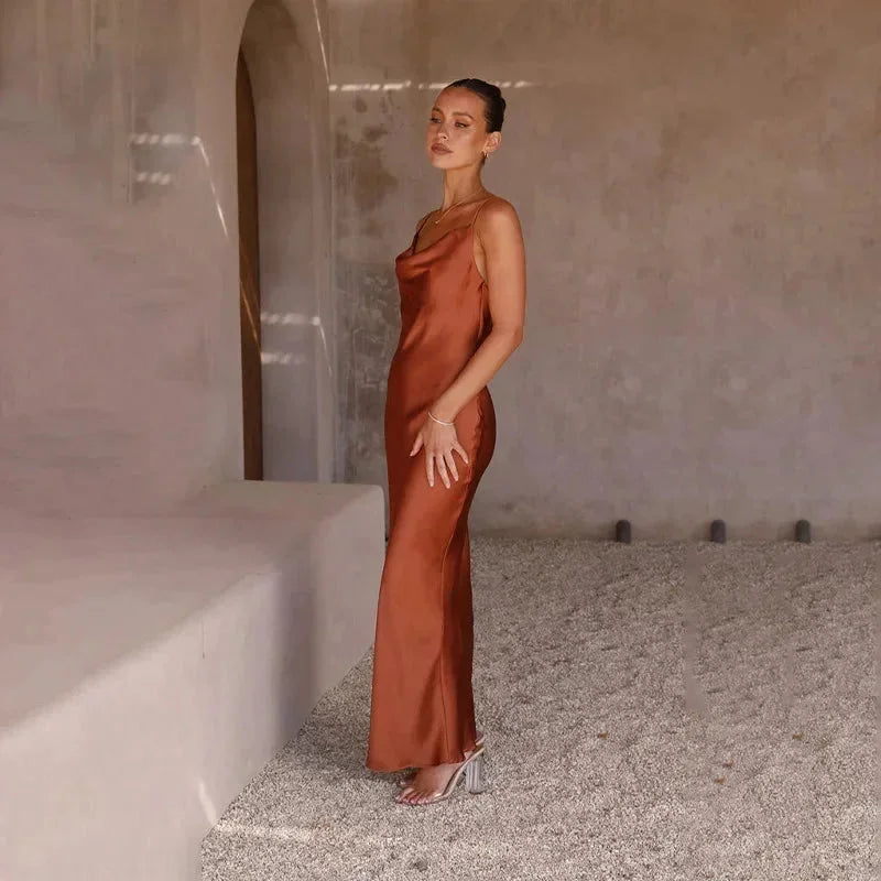 Ines Waterfall Neckline Satin Look Sleeveless Maxi Dress in Brown