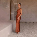 Ines Waterfall Neckline Satin Look Sleeveless Maxi Dress in Brown