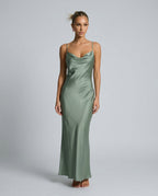 Ines Waterfall Neckline Satin Look Sleeveless Maxi Dress in Green