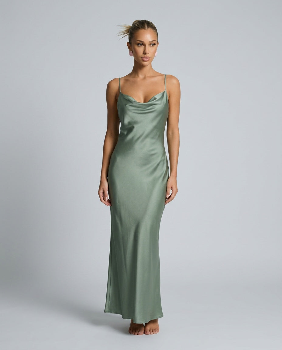 Ines Waterfall Neckline Satin Look Sleeveless Maxi Dress in Green