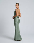 Ines Waterfall Neckline Satin Look Sleeveless Maxi Dress in Green