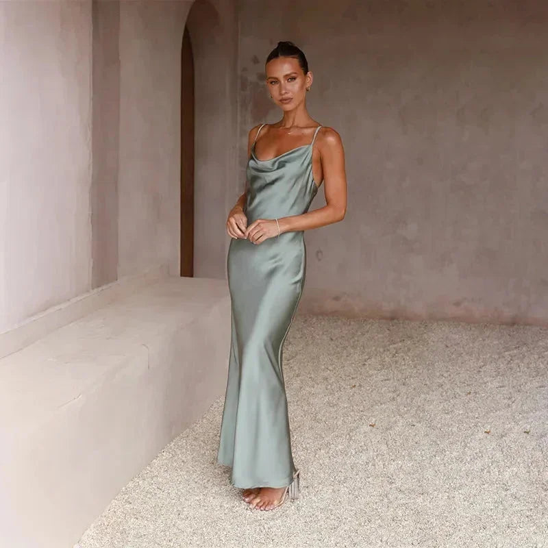 Ines Waterfall Neckline Satin Look Sleeveless Maxi Dress in Green