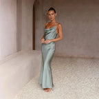 Ines Waterfall Neckline Satin Look Sleeveless Maxi Dress in Green