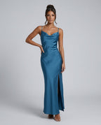 Ines Waterfall Neckline Satin Look Sleeveless Maxi Dress in Blue